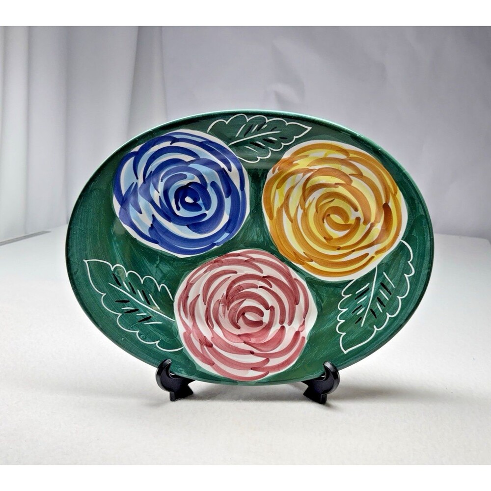 Pier 1 Imports Italy 15" Oval Floral Serving Platter Colorful Ceramic Vintage